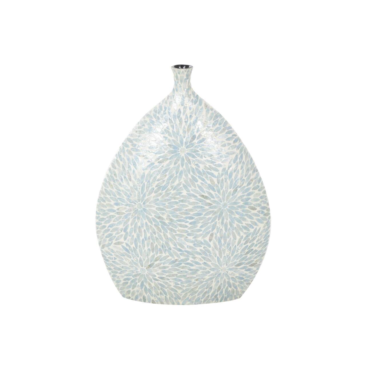 24" Light Blue Mother of Pearl Shell Floral Handmade Large Mosaic Vase with Cream Underlay